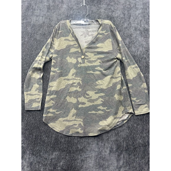 Camo Tops - Bombom Henley Top Womens Medium Gray Camouflage Stretch Outdoor Made In The USA